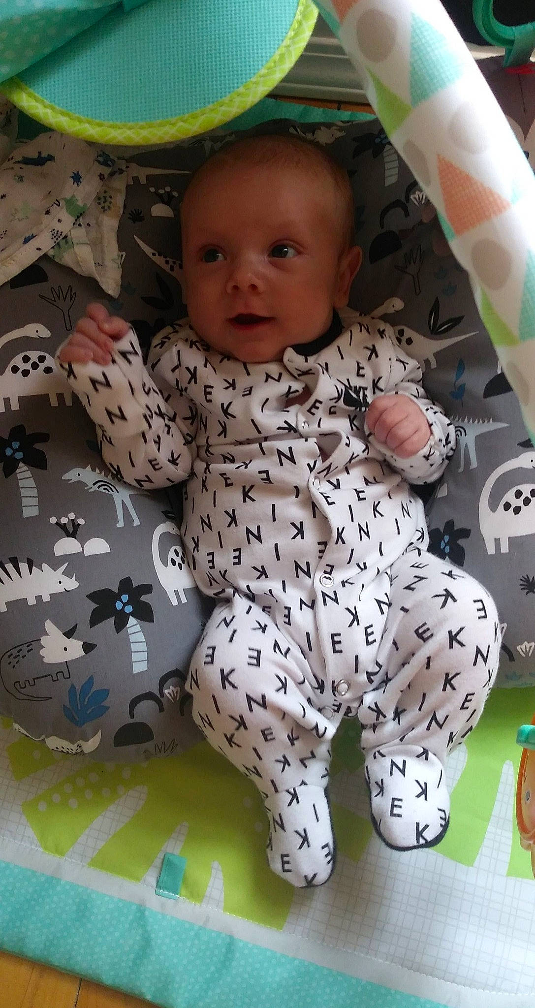 Bryce is registered to the contest to win money with this photo: arm, baby, baby_products, baby_safety, baby_toddler_clothing, cheek, child, comfort, fun, green, happy, head, linens, pattern, person, play, sitting, sleeve, smile, thigh