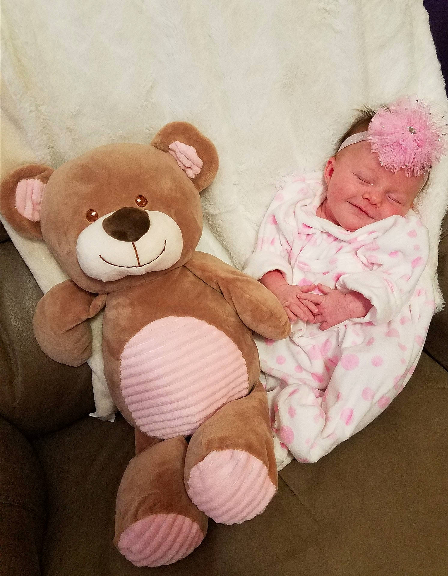 Dana is registered to the contest to win money with this photo: bed, bedtime, child, infant, material, person, pink, plush, product, skin, sleep, stuffed_toy, teddy_bear, textile, toddler, toy