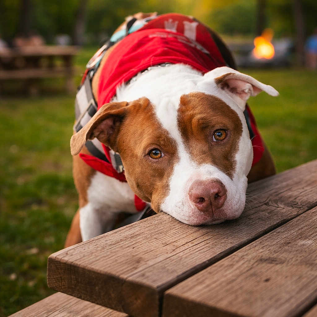 Uriah Benjamin joined the competition — help win amazing prizes! animal, bokeh, brown_and_white, canine, close_up, daytime, dog, expression, grass, nature, outdoor, park, pet, picnic_table, red_jacket, relaxed, resting, summer, sunlight, wood