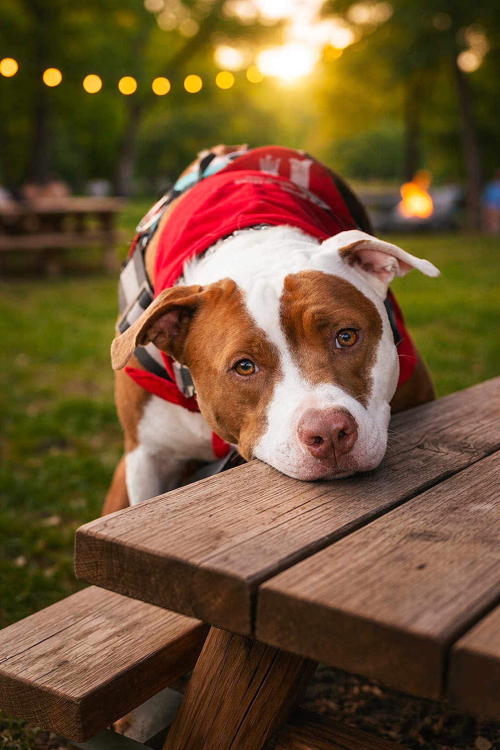 Uriah Benjamin joined the competition — help win amazing prizes! dog, red_jacket, picnic_table, outdoor, park, sunlight, bokeh, grass, wood, pet, animal, brown_and_white, close_up, resting, daytime, nature, canine, expression, summer, relaxed