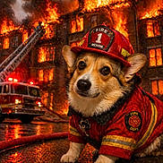Tina Neff joined the competition — help win amazing prizes! animal, building, corgi, dog, dramatic, emergency, emergency_vehicle, fire, fire_helmet, fire_rescue, firefighter, firefighter_uniform, firetruck, flames, heroic, pet, rainy, rescue, smoke, wet_ground