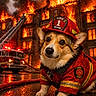 corgi, dog, firefighter, firefighter_uniform, fire_helmet, fire, firetruck, building, fire_rescue, smoke, flames, emergency, rescue, animal, pet, rainy, wet_ground, emergency_vehicle, heroic, dramatic