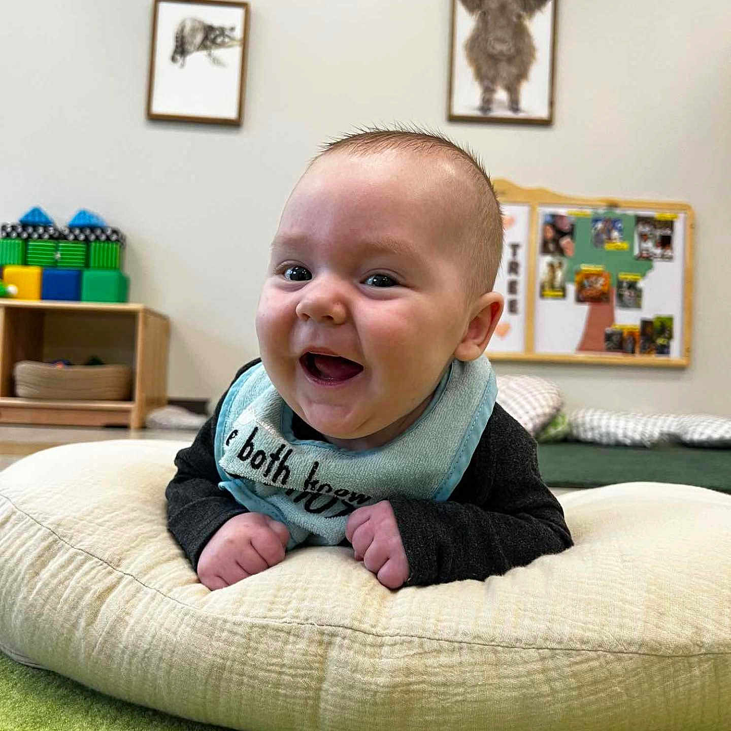 Miguel is registered to the contest to win money with this photo: animal_pictures, baby, bib, bulletin_board, child, clothing, cushions, face, green_carpet, happy, indoor, infant, person, pillow, playroom, portrait, smiling, toys, wall_art, wooden_shelf
