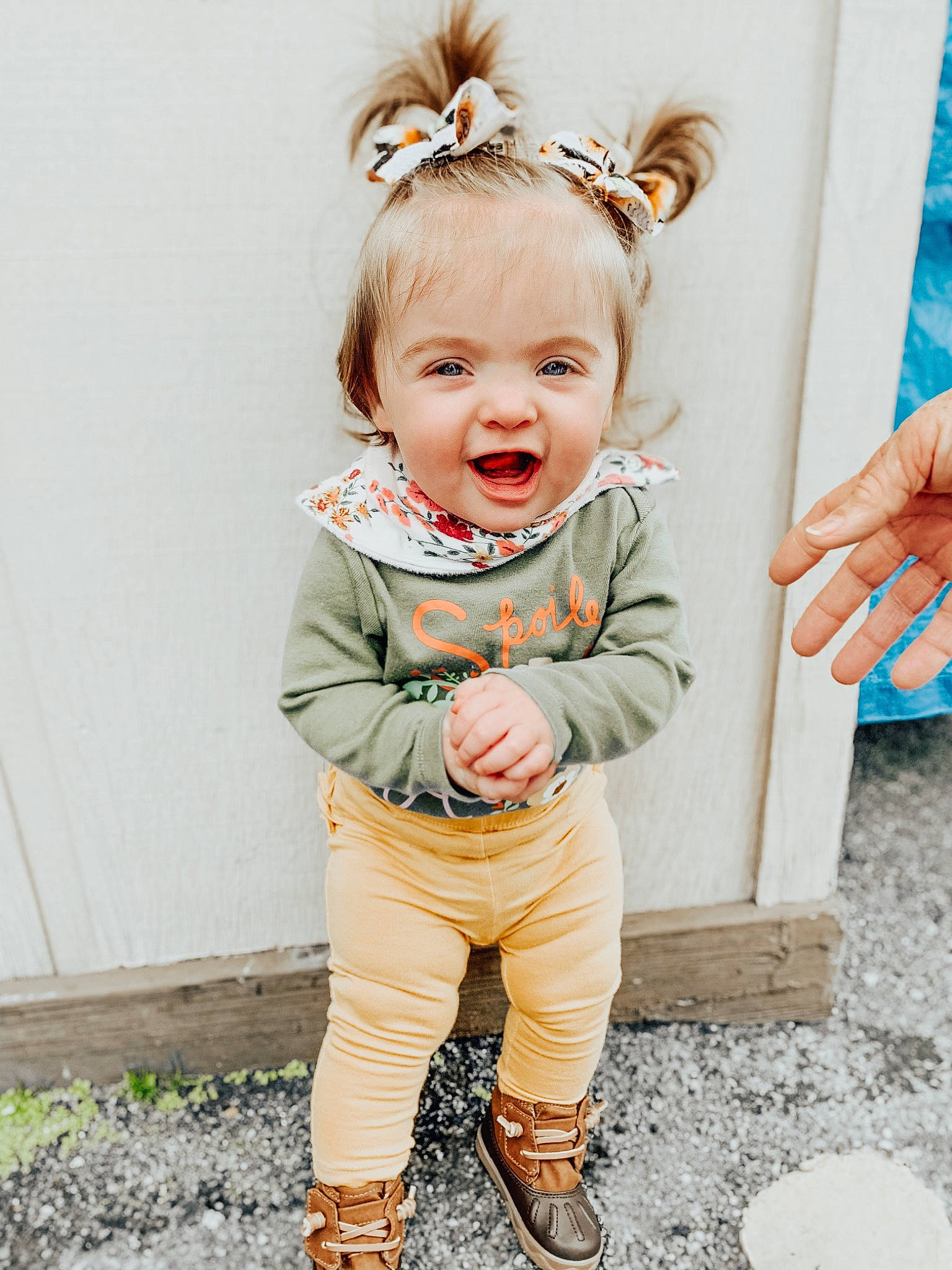 Loretta joined the competition — help win amazing prizes! baby, baby_toddler_clothing, child, child_model, clothing, ear, outerwear, person, product, skin, sleeve, t_shirt, toddler, trousers, yellow