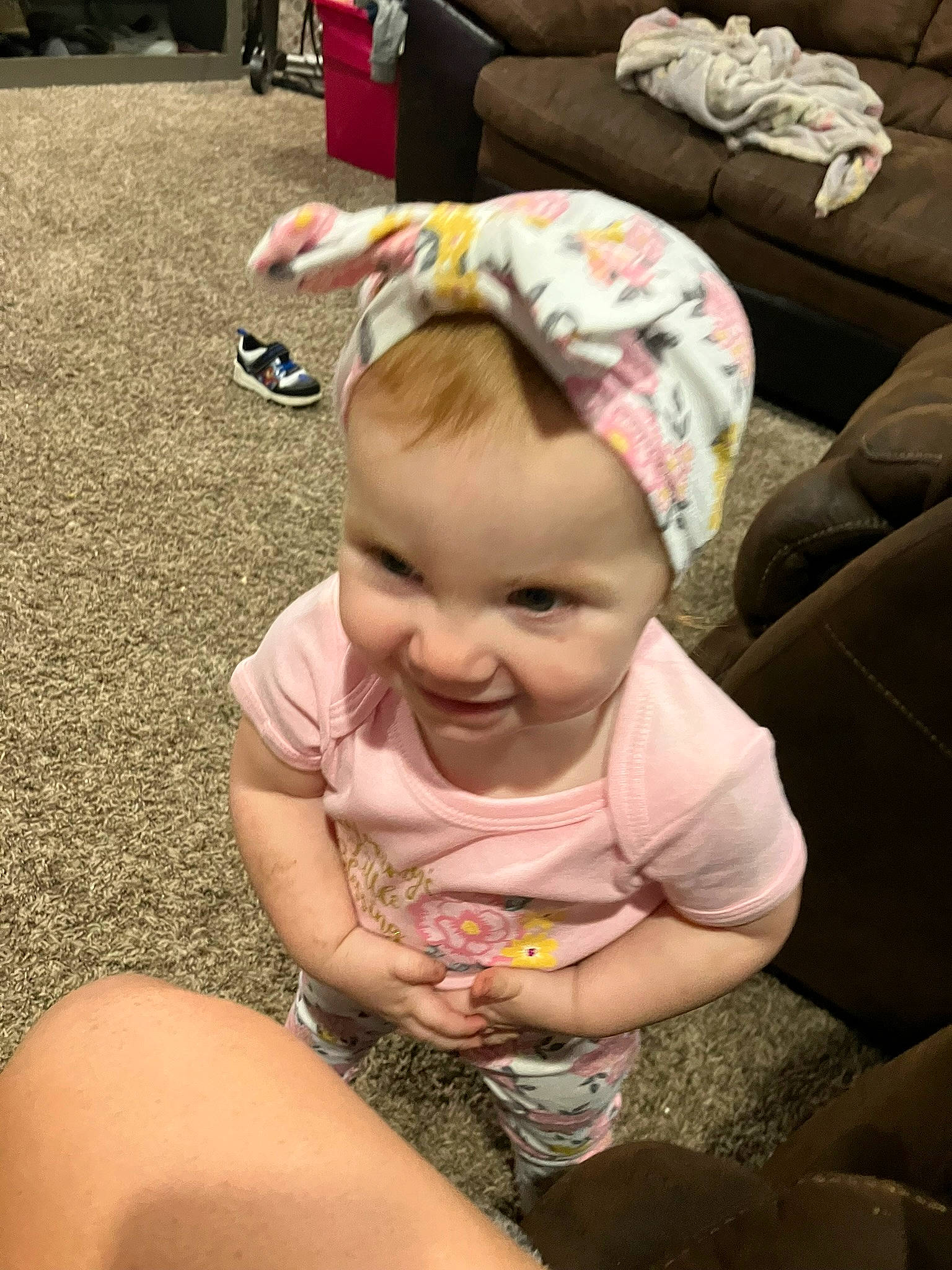 Aurora is registered to the contest to win money with this photo: baby, baby_toddler_clothing, child, comfort, couch, eye, finger, fun, grass, happy, human_leg, lap, leg, person, play, sitting, smile, sock, thigh, toddler