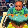 baby, infant, child, baby_chair, bib, colorful, indoor, face, expression, foot, furniture, room, sitting, toy_storage, shelf, clothing, cute, home, person, playful