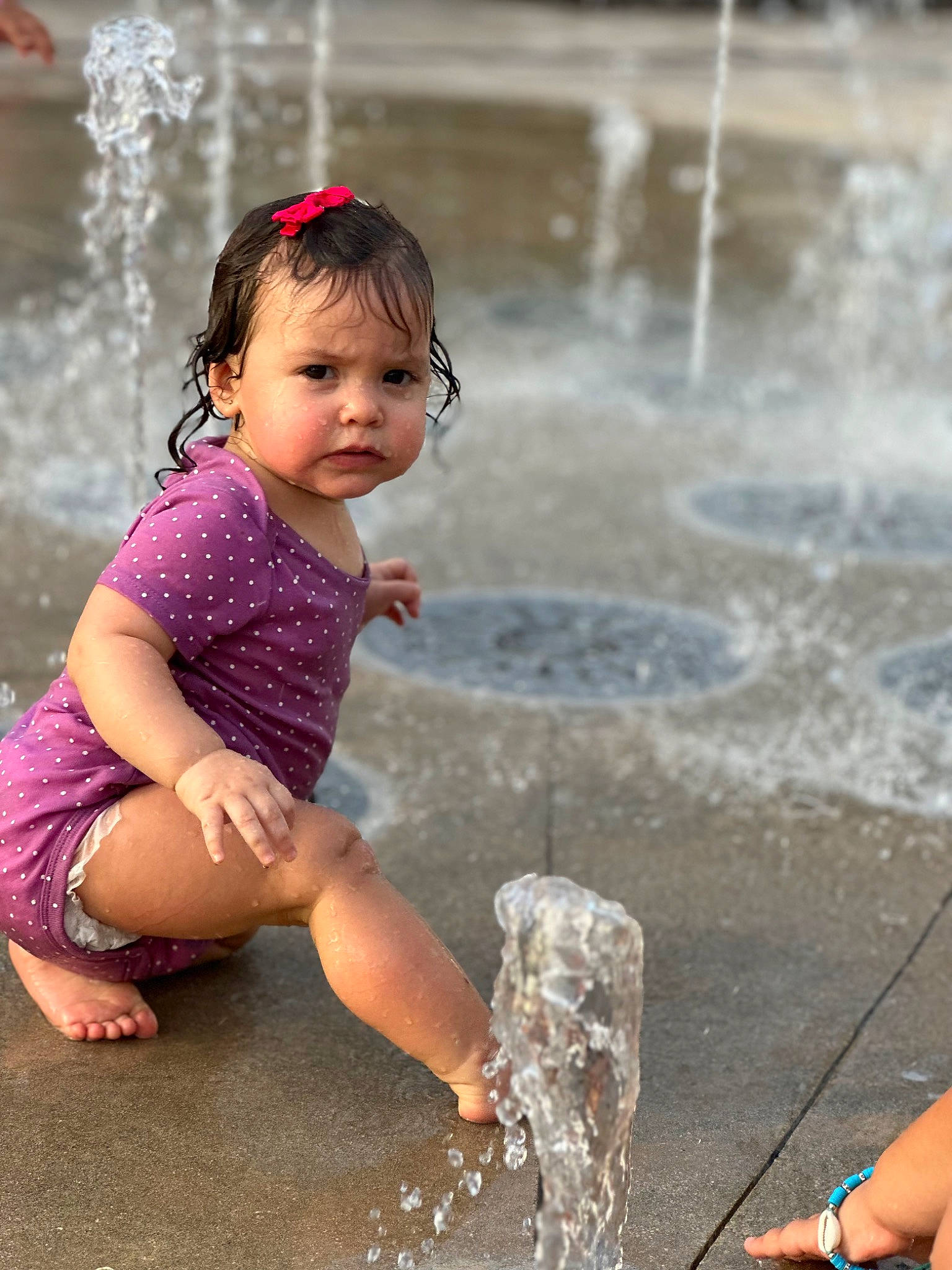 Emmie joined the competition — help win amazing prizes! baby, baby_toddler_clothing, child, fountain, fun, glass, happy, human_leg, leisure, magenta, person, play, recreation, sitting, soil, summer, thigh, toddler, vacation, water