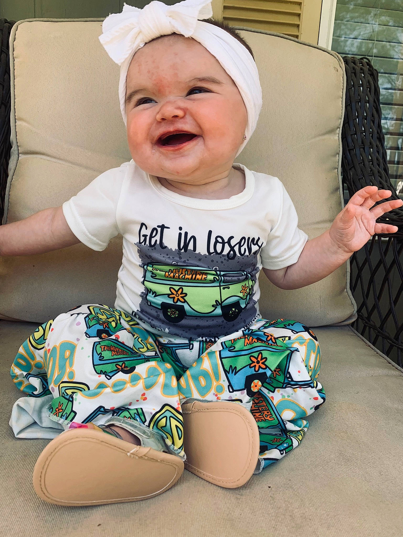 Roseleigh joined the competition — help win amazing prizes! baby, baby_laughing, baby_toddler_clothing, child, clothing, comfort, cool, face, facial_expression, fun, happy, head, headwear, joy, pattern, person, sitting, skin, sleeve, smile