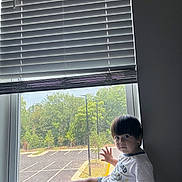 Nathan is registered to the contest to win money with this photo: child, toddler, window, window_sill, indoor, blinds, shorts, tshirt, barefoot, hair, face, hand, legs, natural_light, curious, seated, daylight, greenery, parking_lot, casual_clothing