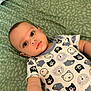 Mateo joined the competition — help win amazing prizes! baby, infant, child, onesie, bear_print, patterned_clothing, green_blanket, lying_down, face, eyes, skin, arm, cute, curious, indoors, portrait, young, adorable, sleepwear, soft