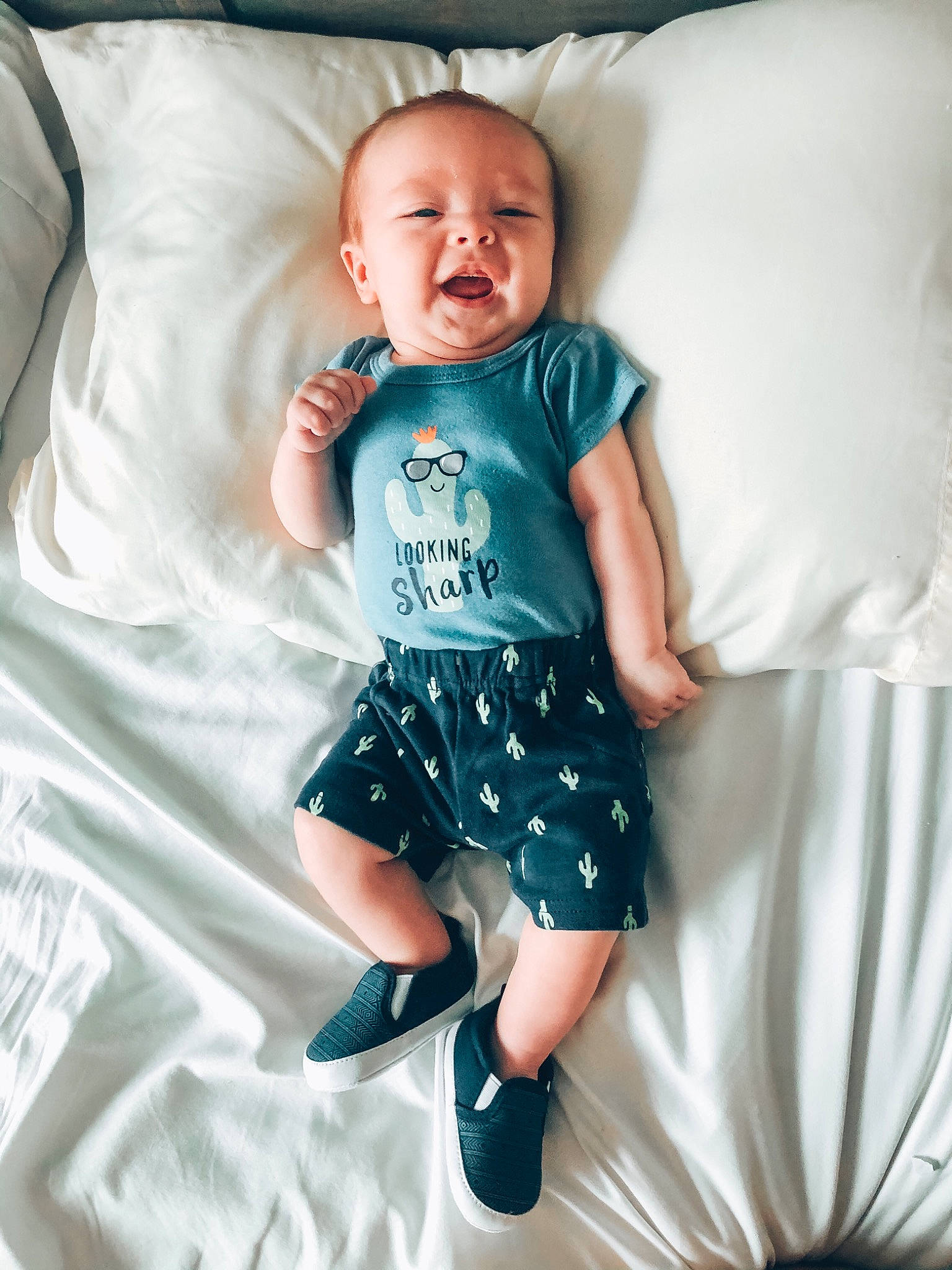 Braxton joined the competition — help win amazing prizes! aqua, baby, baby_toddler_clothing, child, comfort, eye, flash_photography, grey, happy, head, knee, linens, pattern, person, sleeve, smile, t_shirt, textile, toddler, waist