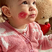 Alynn joined the competition — help win amazing prizes! adorable, baby, buttoned_clothing, child, childhood, closeup, cute, face, hair_bow, indoor, lipstick_mark, looking_away, pink_cardigan, portrait, seated, soft_texture, stuffed_animal, teddy_bear, toddler, warm_lighting