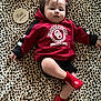 baby, infant, red_bow, red_hoodie, red_socks, leopard_print, blanket, wooden_plaque, five_months, face, child, person, cute, lying_down, clothing, indoor, portrait, baby_girl, milestone, casual