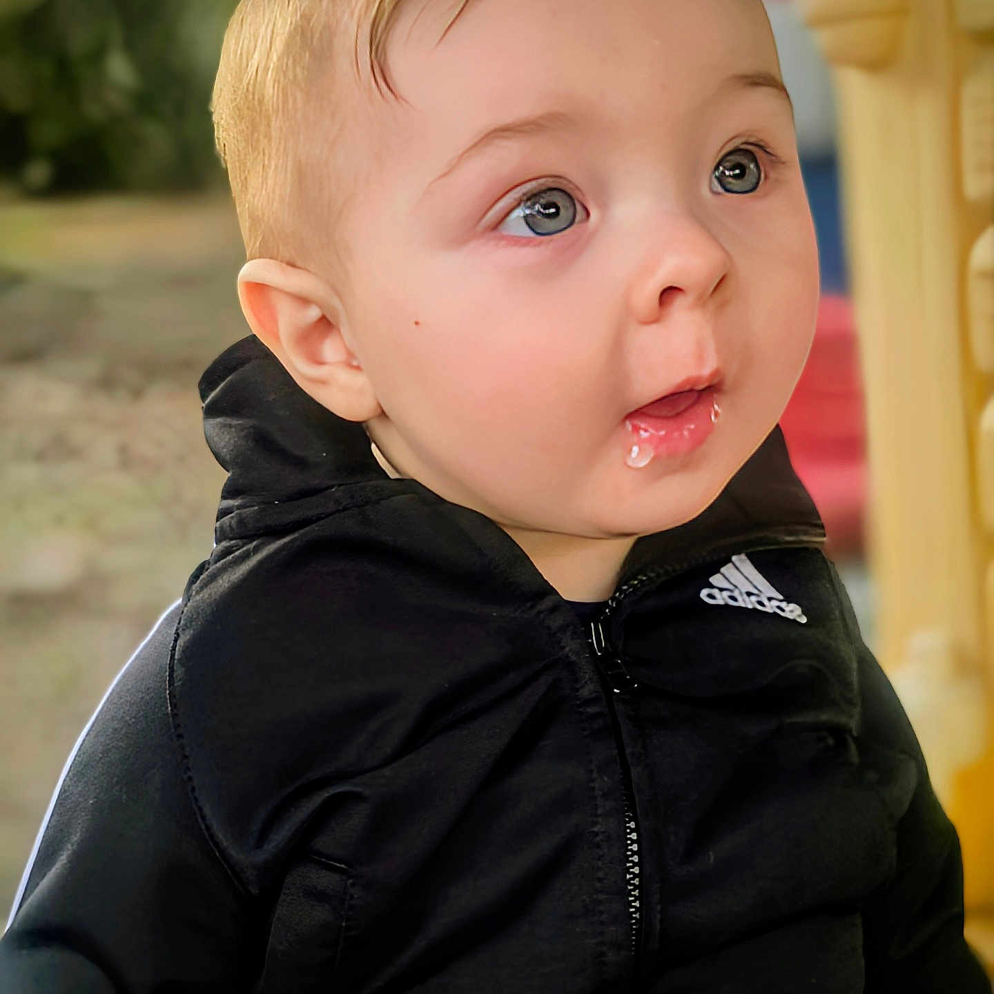 Niko is registered to the contest to win money with this photo: baby, child, drool, face, eyes, jacket, black_clothing, hoodie, person, portrait, outdoor, hand, curious, young_child, cute, expression, skin, head, infant, apparel