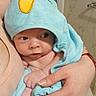 baby, infant, towel, blue_towel, hooded_towel, bird_face, cute, curious, hand, adult_hand, bathroom, tiles, skin, close_up, wrapped, newborn, person, child, soft, comfort
