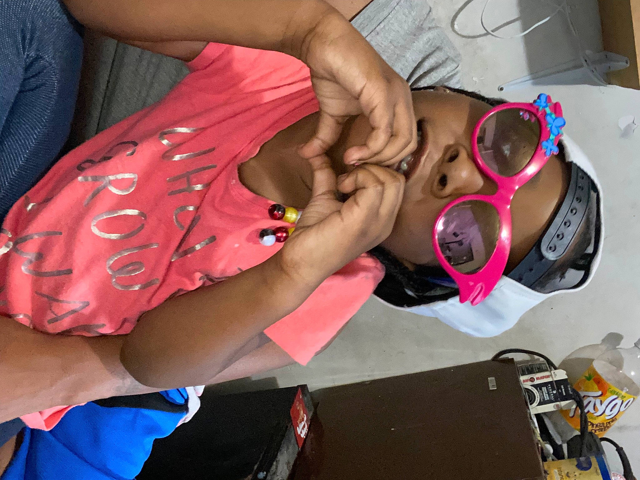 Cassidy joined the competition — help win amazing prizes! arm, audio_equipment, chest, elbow, event, eyelash, eyewear, fashion_accessory, finger, gesture, hand, human_leg, magenta, nail, person, pink, thigh, thumb, trunk, vision_care