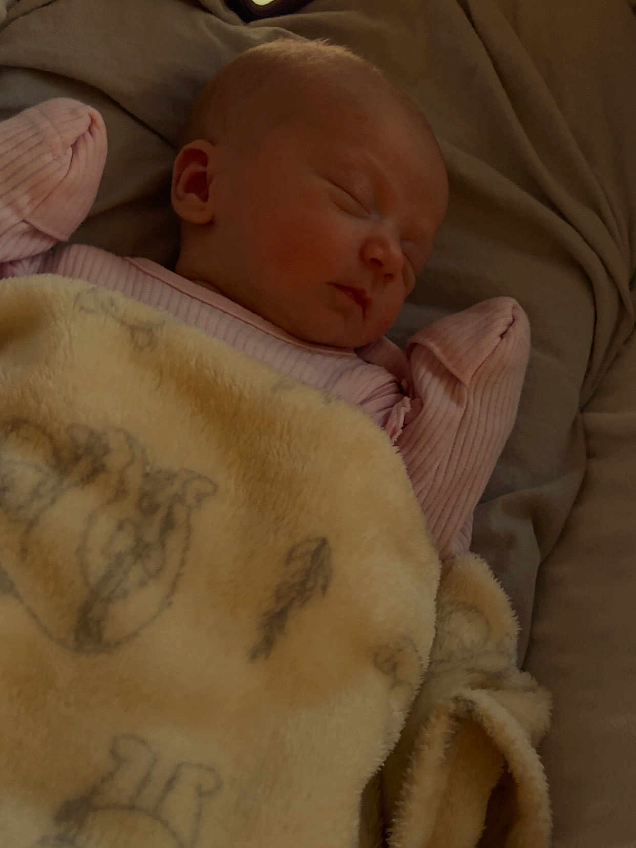 Scarlett is registered to the contest to win money with this photo: baby, sleeping, blanket, bed, soft, cozy, infant, child, pink_clothing, animal_print, peaceful, resting, portrait, indoors, cute, warm, comfort, face, head, young