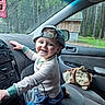 Aladar joined the competition — help win amazing prizes! backpack, cabin, cap, car_interior, casual, child, clothing, dashboard, forest, indoor, monkey, nature, person, playful, seat, seatbelt, smiling, toddler, vehicle, window