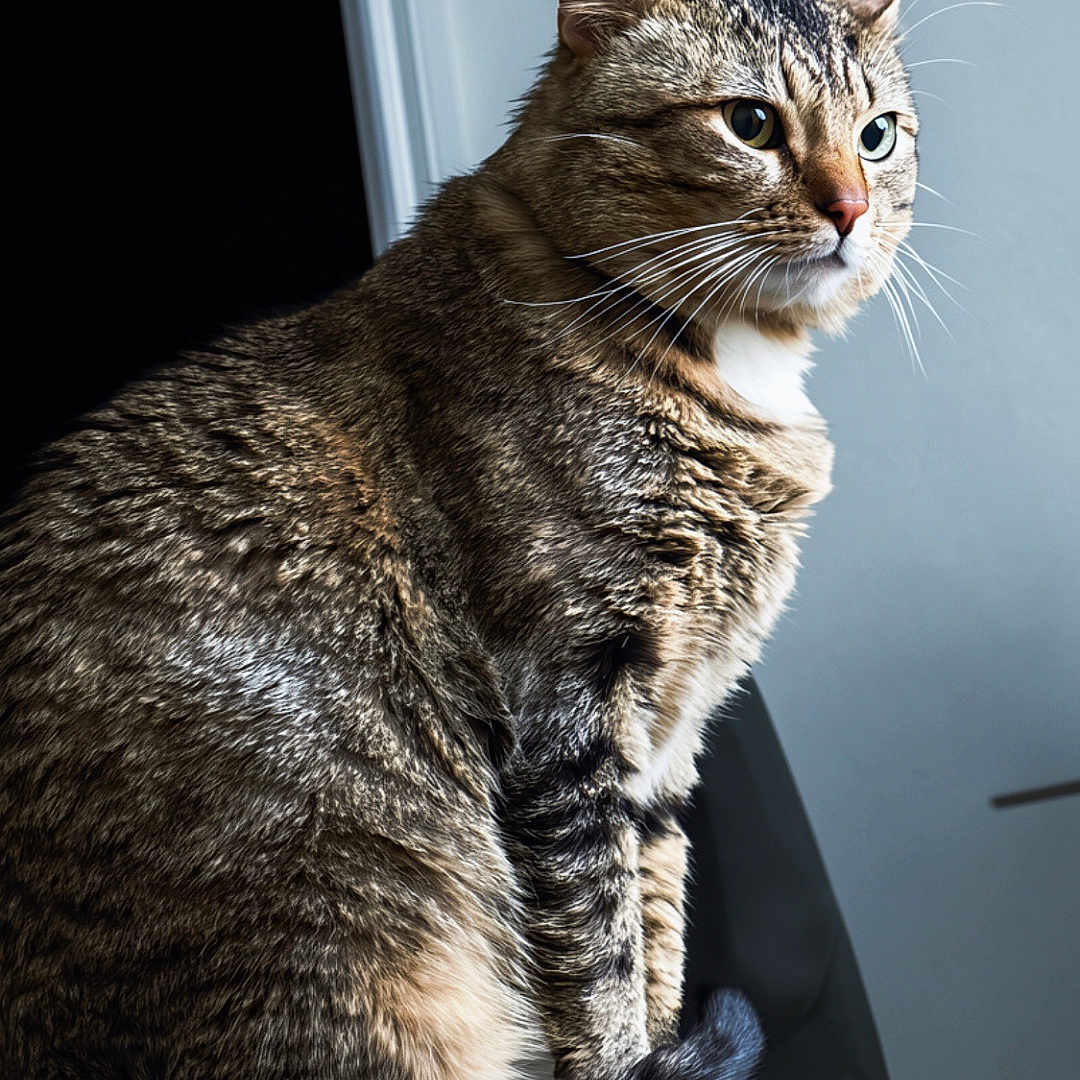Beerus is registered to the contest to win money with this photo: cat, tabby, feline, pet, indoor, chair, sitting, fur, whiskers, ears, tail, closeup, portrait, animal, domestic_animal, looking_away, side_view, detail, quiet, calm