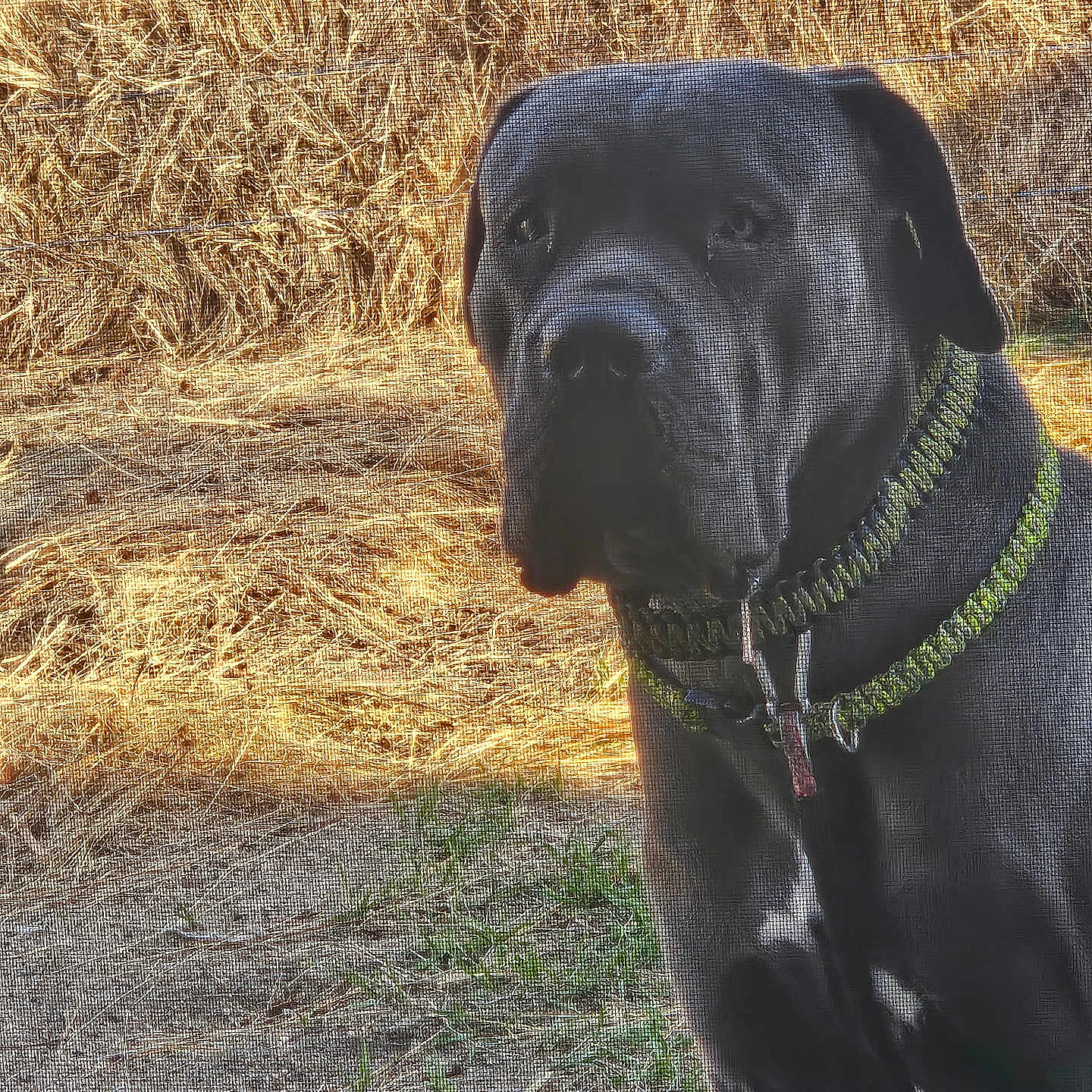 King Charles Gordon joined the competition — help win amazing prizes! animal, black_dog, canine, collar, curious, daylight, dog, fence, grass, hay_bales, large_dog, looking, mesh_screen, nature, outdoor, pet, portrait, sunlight, texture, yard