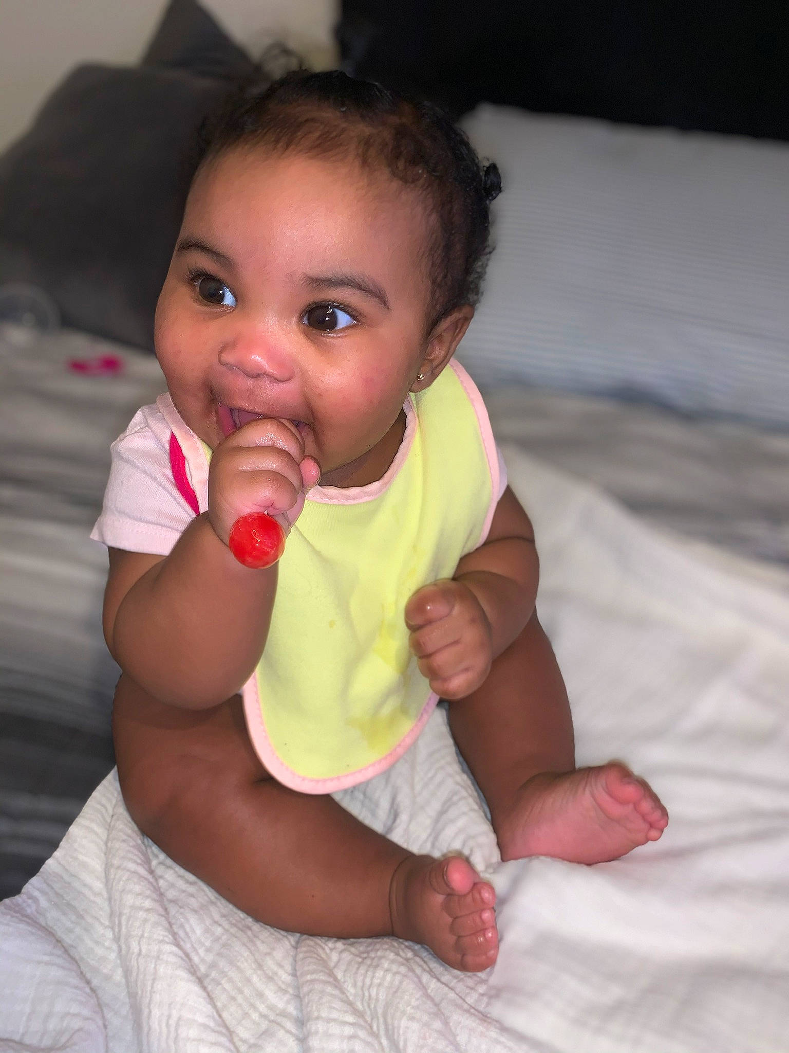 Lani joined the competition — help win amazing prizes! baby, baby_products, baby_toddler_clothing, barefoot, cheek, child, comfort, eye, finger, foot, hand, human_body, lip, nail, person, pink, product, skin, thumb, toddler