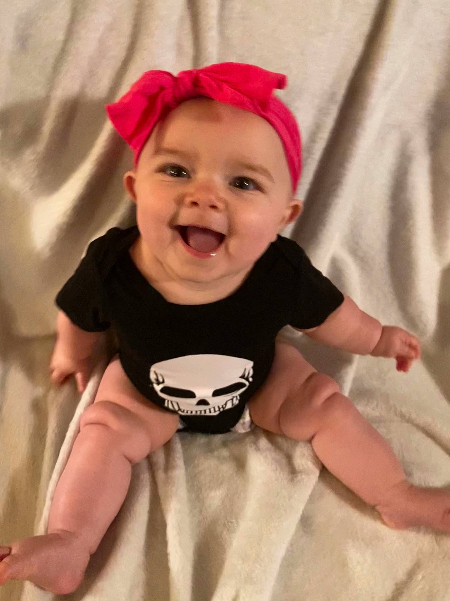 Lilith joined the competition — help win amazing prizes! arm, baby, baby_laughing, baby_toddler_clothing, cheek, eye, face, facial_expression, finger, happy, headwear, joy, lip, neck, person, pink, skin, sleeve, smile, standing