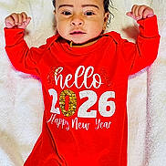 Vihaan joined the competition — help win amazing prizes! baby, infant, red_onesie, face, arms_raised, blanket, new_year, text_on_clothing, portrait, lying_down, cute, child, smiling, happy, indoors, skin, hair, eyes, person, celebration