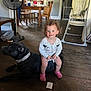 toddler, child, dog, black_dog, curly_hair, pink_crocs, indoor, wooden_floor, high_chair, fan, dining_table, chair, smile, happy, pet, living_room, baby_clothes, floor, person, household