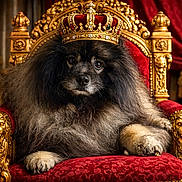 Larry participe au concours pour gagner de l'argent avec cette photo : animal, closeup, crown, decorative, dog, fluffy, furniture, furry, gold, indoors, jewels, luxury, majestic, pet, portrait, red_velvet, regal, royalty, sitting, throne