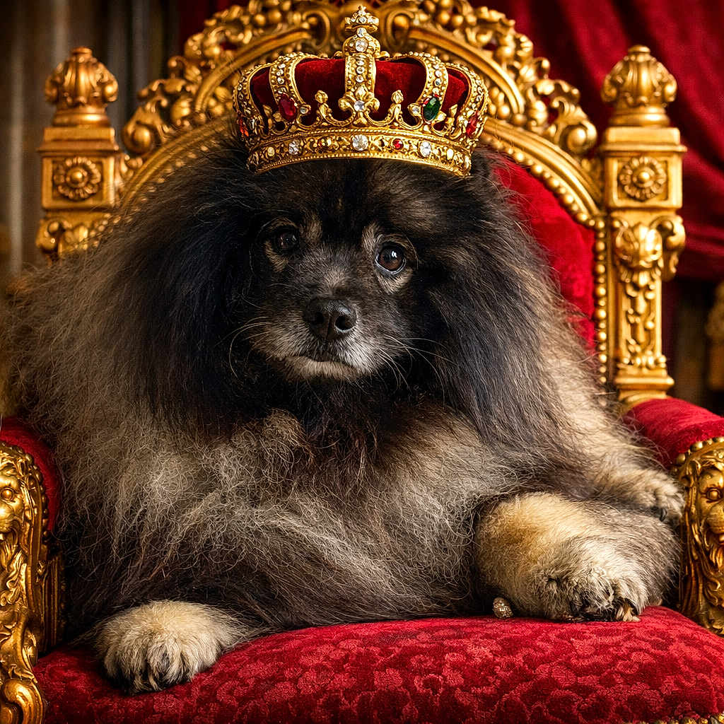 Larry participe au concours pour gagner de l'argent avec cette photo : animal, closeup, crown, decorative, dog, fluffy, furniture, furry, gold, indoors, jewels, luxury, majestic, pet, portrait, red_velvet, regal, royalty, sitting, throne