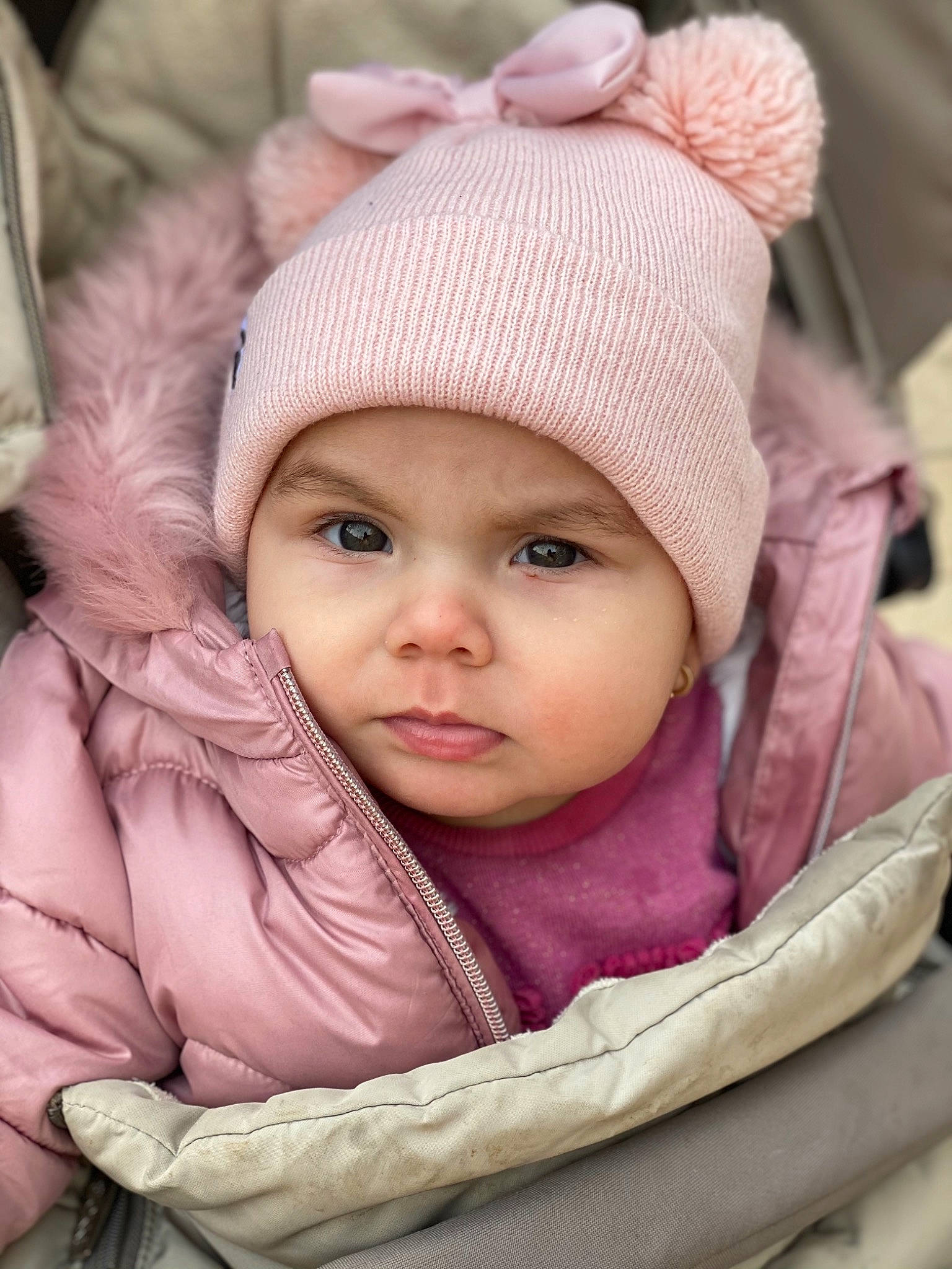 Zenayda is registered to the contest to win money with this photo: baby_toddler_clothing, beanie, bonnet, cheek, child, comfort, crochet, headgear, headwear, knit_cap, knitting, lip, nose, person, photography, pink, skin, textile, toddler, winter