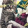 kitten, cat, tabby, flower, indoor, cute, pet, closeup, curious, plant, decor, fluffy, small, young, animal, feline, portrait, whiskers, ears, soft
