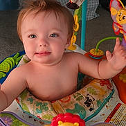Winona is registered to the contest to win money with this photo: baby, child, activity_center, toy, yellow_lion, parrot_toy, colorful, playful, indoor, smiling, happy, curious, infant, toddler, seat, carpet, person, face, arm, hair