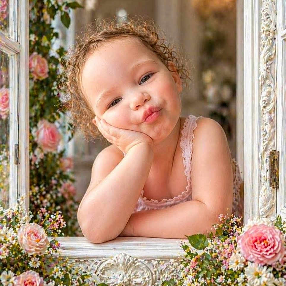 Madison joined the competition — help win amazing prizes! child, toddler, flower, roses, daisies, window, curly_hair, pink, portrait, cute, smiling, face, nature, garden, plants, decorative, summer, happy, posing, innocence