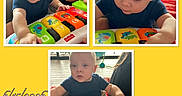 Malakai is registered to the contest to win money with this photo: baby, infant, child, toy, fisher_price, piano, colorful, blue_onesie, indoor, playing, curious, seated, person, young_child, flooring, adult_arm, light, expression, head, hands