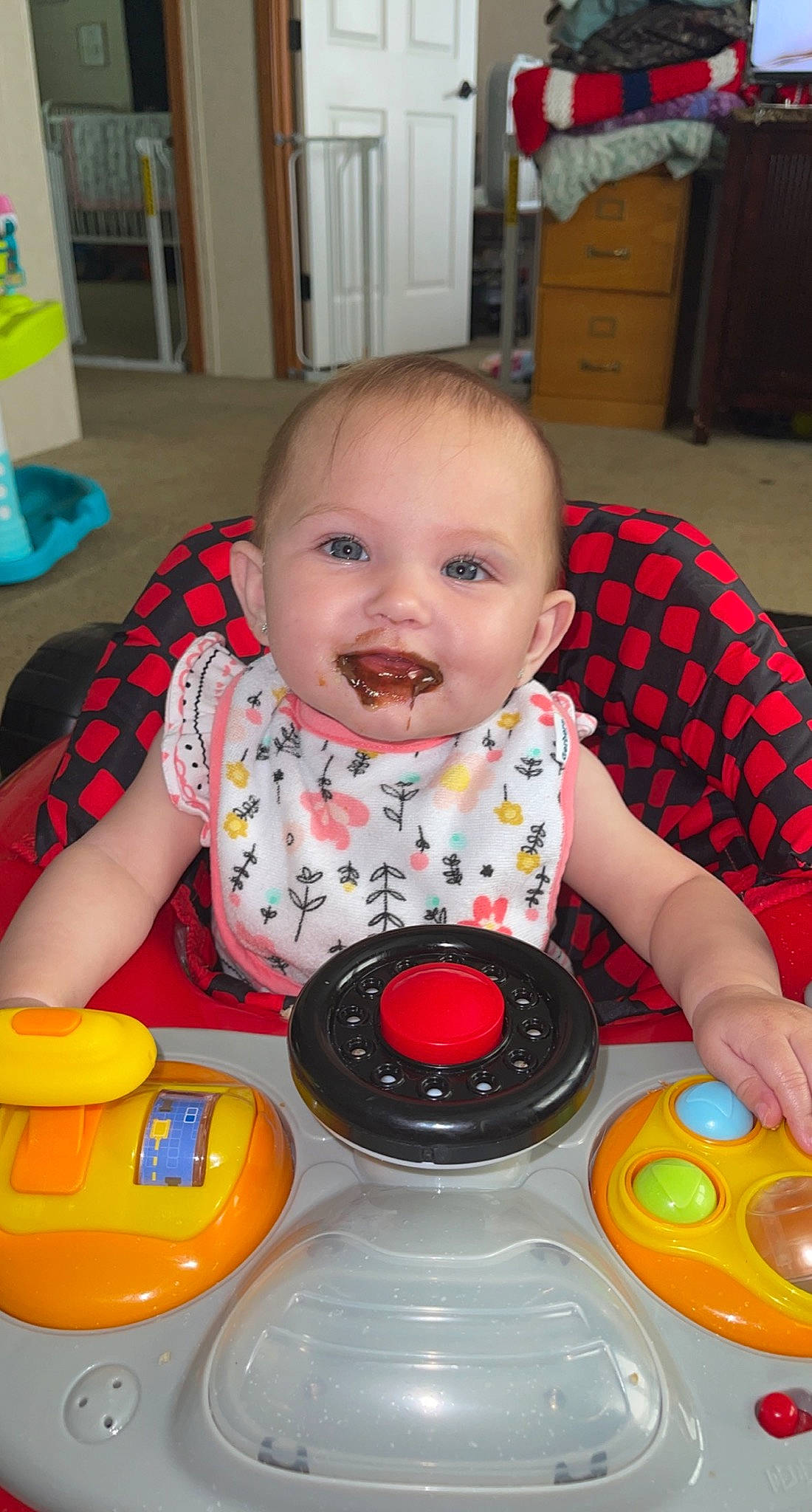 Kinzley joined the competition — help win amazing prizes! baby, baby_playing_with_toys, black, cheek, child, door, eye, fun, head, iris, organ, person, plastic, product, room, sitting, skin, smile, television, toddler