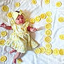baby, infant, newborn, lemon, lemon_slices, towel, headband, yellow_dress, laying_down, blanket, soft_texture, one_number, props, cute, small_feet, arm, face, portrait, bright, flatlay