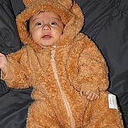 Prashil Khanal joined the competition — help win amazing prizes! baby, infant, child, costume, bear_suit, fluffy, cute, portrait, indoor, clothing, face, expression, hand, foot, sleepwear, soft, warm, quilted_background, zipped, hood