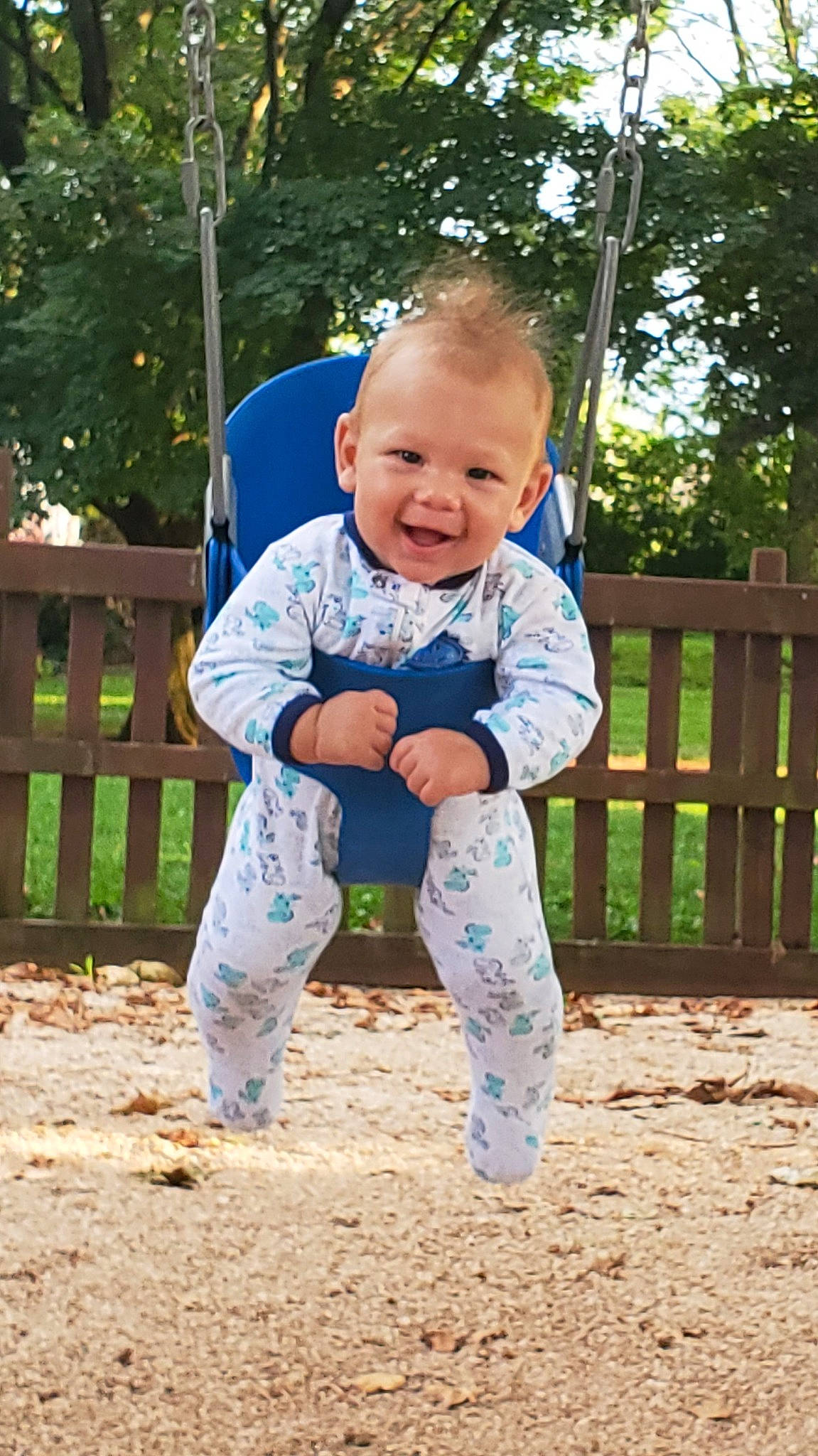 Kristopher joined the competition — help win amazing prizes! baby, baby_toddler_clothing, child, joy, outdoor_play_equipment, person, play, playground, public_space, sitting, smile, swing, toddler, tree