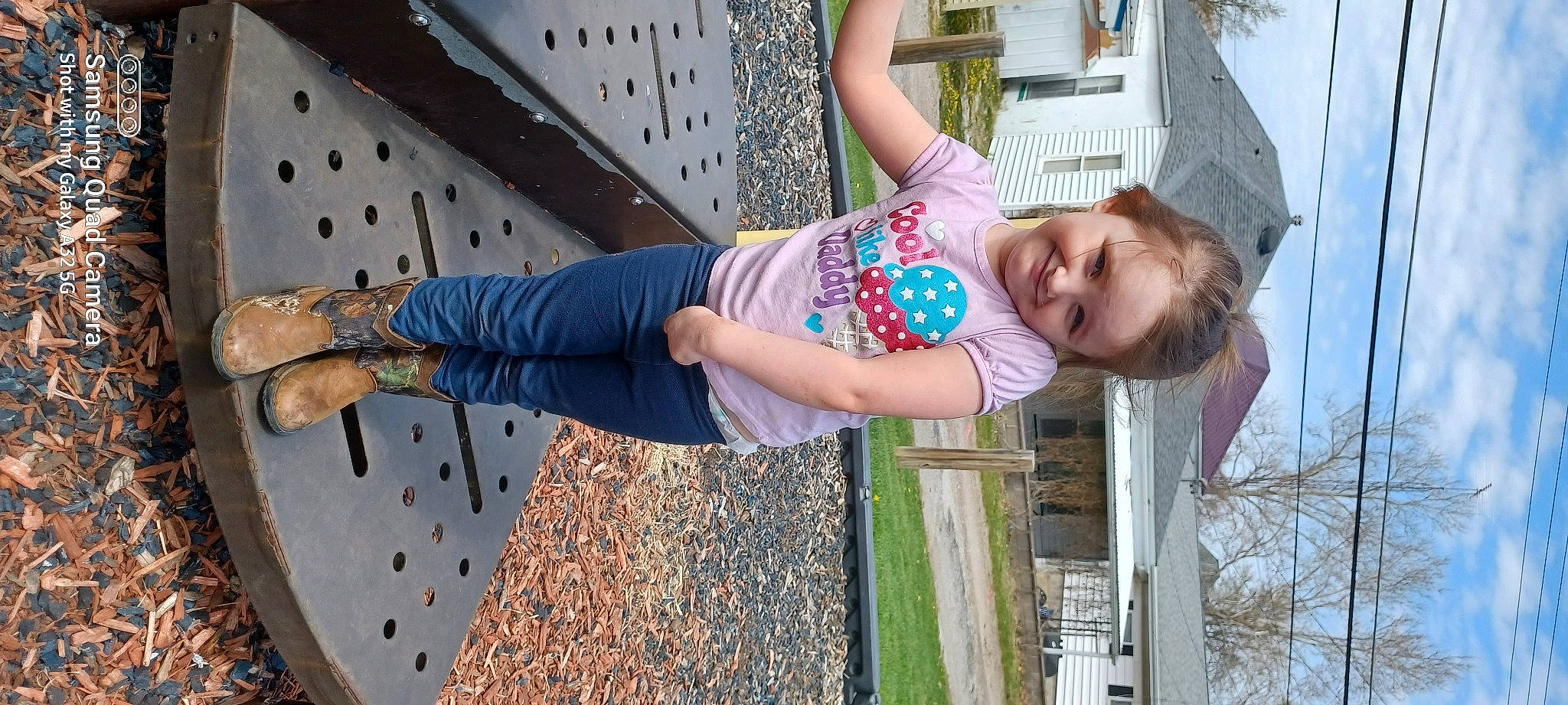 Kalista is registered to the contest to win money with this photo: daytime, fun, happy, house, human_leg, human_settlement, joy, leisure, pattern, person, photograph, plant, public_space, recreation, smile, summer, thigh, toddler, tree, waist