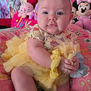 Kelly Kay Sheets joined the competition — help win amazing prizes! baby, blanket, bow, child, chubby_cheeks, cute, drool, feet, hands, headband, indoors, infant, minnie_mouse, pillow, pink, plush_toy, portrait, quilt, tutu, yellow_dress