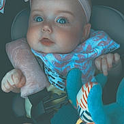 Ravynn is registered to the contest to win money with this photo: baby, infant, car_seat, headband, bib, plush_toy, child, straps, soft_cushion, curious, wide_eyes, indoor, seatbelt, cute, small_hands, colorful_toy, young_child, portrait, close_up, safety