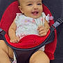 Athena joined the competition — help win amazing prizes! baby, infant, smiling, happy, seat, baby_seat, pacifier, clothing, floral, mesh, red, black, cute, child, person, skin, leg, arm, head, indoor