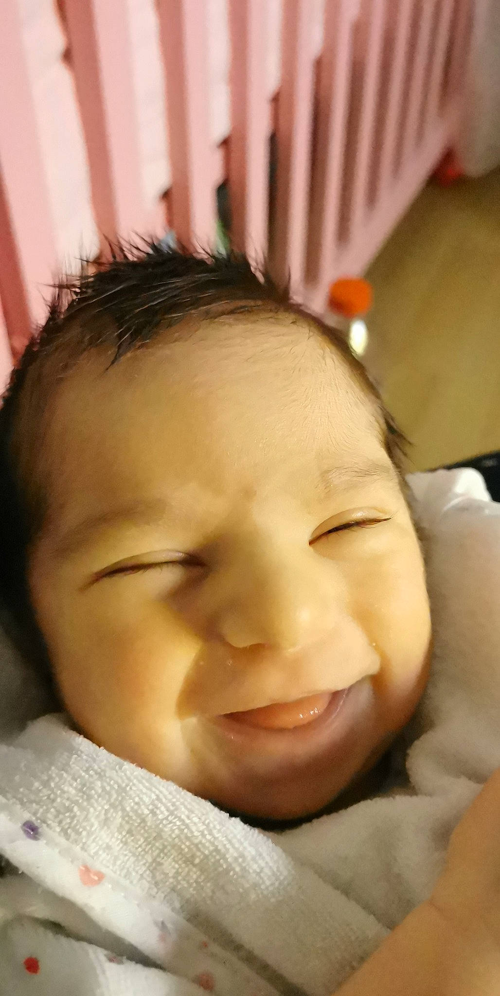 Liyana participe au concours pour gagner de l'argent avec cette photo : baby, bedtime, cheek, child, chin, comfort, curtain, eye, eyebrow, eyelash, forehead, fun, happy, head, iris, lip, mouth, nose, person, skin