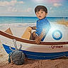 anchor, beach, blue_shirt, boat, boy, captain, child, coastline, nautical, ocean, outdoor, portrait, reflection, rope, sand, seaside, sitting, sunny, toddler, toy_boat