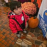 Mateo joined the competition — help win amazing prizes! child, toddler, portrait, face, smiling, outdoor, autumn, fall, pumpkin, flowers, chrysanthemums, red_jacket, hooded_coat, black_hair, standing, brick_floor, stone_floor, decoration, festival, seasonal_display