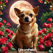 Pistol joined the competition — help win amazing prizes! dog, chihuahua, small_dog, pet, portrait, sitting, looking_at_camera, large_eyes, upright_ears, short_fur, brown_fur, roses, rose_garden, moon, moonlight, night, floral_background, outdoor, fantasy, ai_generated
