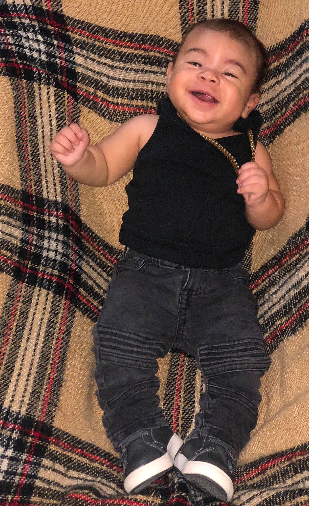 Alexzander joined the competition — help win amazing prizes! baby_toddler_clothing, cheek, face, hand, happy, head, leg, outerwear, pattern, person, plaid, skin, sleeve, smile, tartan, textile, thigh, toddler, trunk, waist