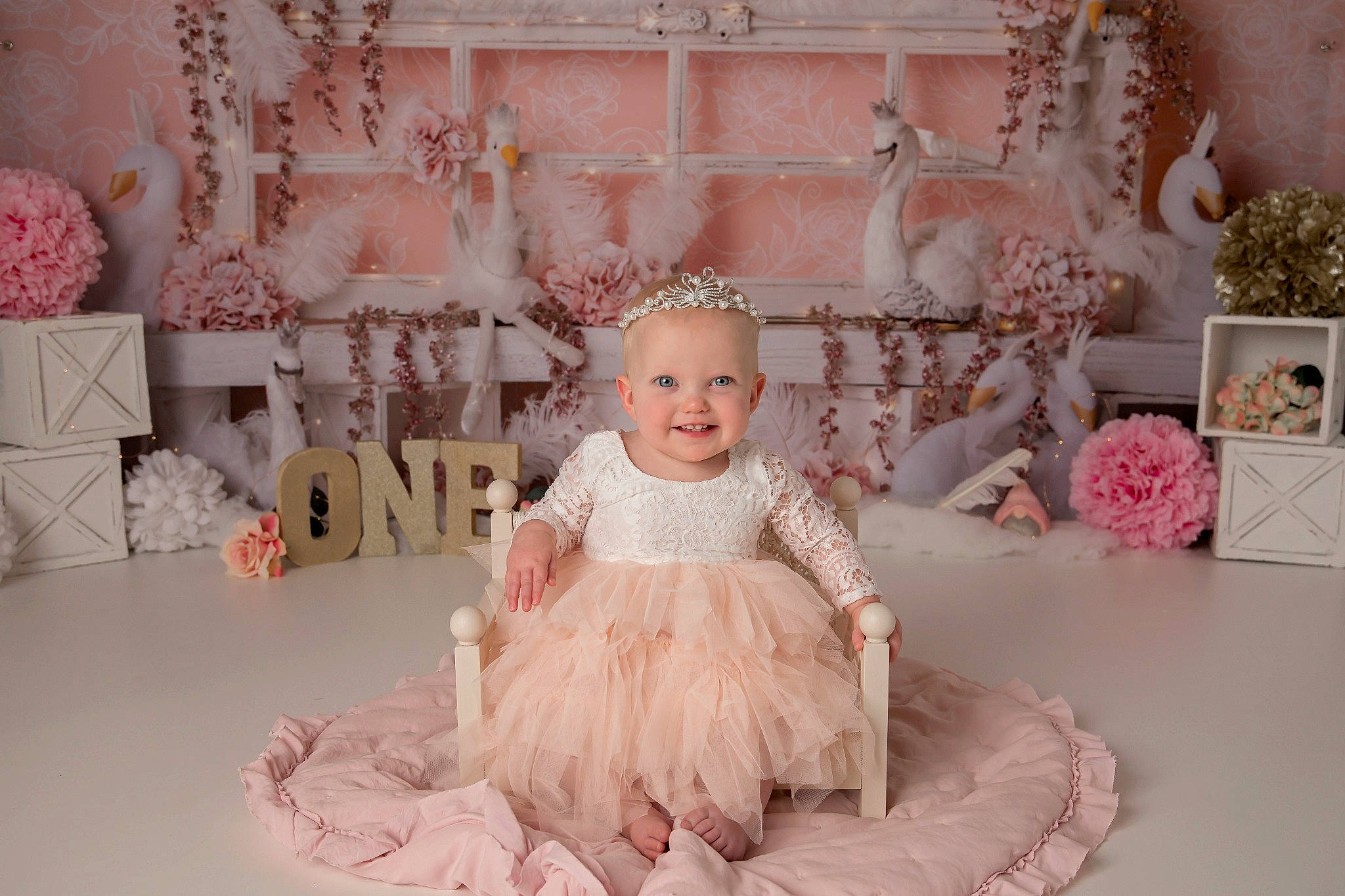 Libbie joined the competition — help win amazing prizes! baby, bridal_clothing, bridal_party_dress, doll, dress, embellishment, event, flooring, gown, happy, headpiece, joy, peach, person, petal, pink, ruffle, smile, sweetness, toddler