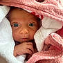 baby, child, closeup, cozy, cute, expression, eyes, face, hand, infant, newborn, person, pink, portrait, skin, soft, texture, towel, white, wrapped